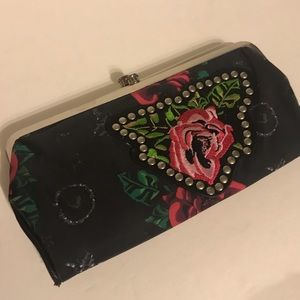 Betsey Johnson black pink rose wallet clutch nwot